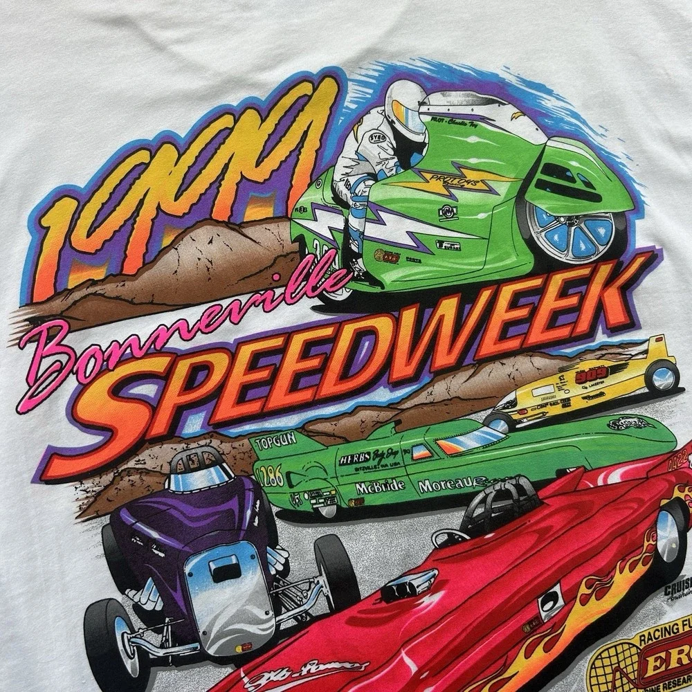 Vintage 1999 XL Bonneville Speedweek White T-shirt AOP Racing Tee Wendover,Utah